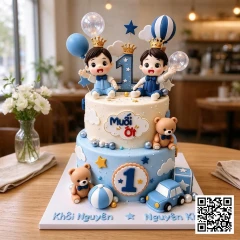Bánh Sinh Nhật Song Sinh Bé Trai 1 Tuổi Hoàng Tử Xanh Pastel - ảnh 2