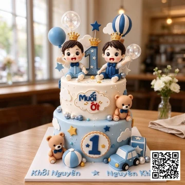 Bánh sinh nhật 2 tầng cho bé trai sinh đôi, trang trí hình ảnh hai bé đội vương miện, khinh khí cầu, gấu teddy, tông xanh pastel.
