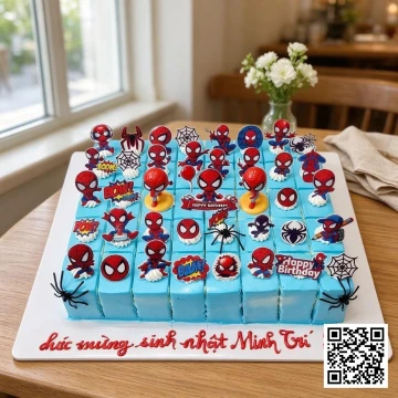 Bánh sinh nhật Spiderman hình vuông cắt miếng, màu xanh, trang trí topper Người Nhện cho bé trai 5 tuổi