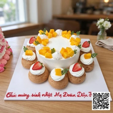 Bánh sinh nhật tròn phủ kem tươi trắng, trang trí xoài, dâu tây và bánh su kem vỏ xù, có chữ 'Chúc mừng sinh nhật Mẹ'