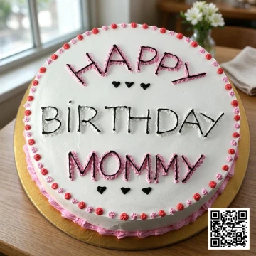 Bánh sinh nhật tròn một tầng kem trắng, chữ Happy Birthday Mommy đen viền hồng, viền chấm bi đỏ hồng và trái tim nhỏ, tặng mẹ.