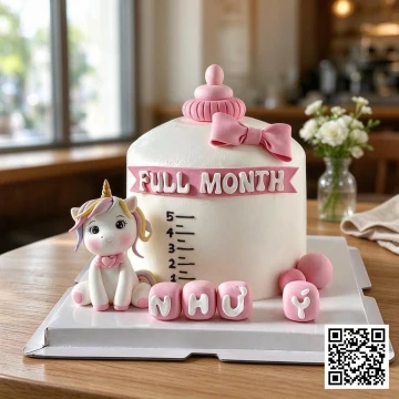 Bánh sinh nhật tạo hình bình sữa hồng lớn với chú ngựa unicorn và tên bé Như Ý, trang trí fondant.