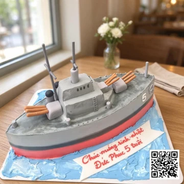 Bánh sinh nhật tàu chiến hải quân 3D màu xám đỏ, phủ fondant, trang trí sóng biển xanh.