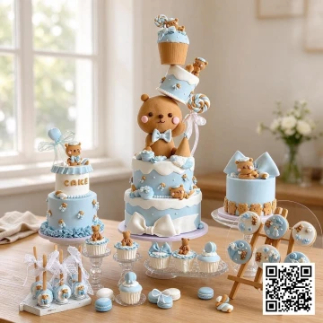 Bánh sinh nhật 3 tầng thiết kế riêng theo tông gấu Teddy, màu xanh pastel, trắng, nâu cho bé.