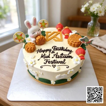 Bánh sinh nhật hình tròn chủ đề Thỏ Ngọc và Trung Thu, trang trí fondant tinh xảo, có chữ "Happy Birthday & Mid Autumn Festival"