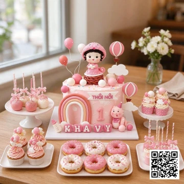 Combo bánh sinh nhật thôi nôi bé gái phong cách pastel Hàn Quốc với figure bé gái, khinh khí cầu, cầu vồng, cupcake, donut.