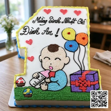 Bánh sinh nhật thôi nôi bé trai hình số 1 màu sắc tươi sáng, trang trí em bé cầm bình sữa, bóng bay và hộp quà dễ thương.