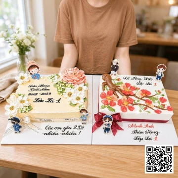 Bánh sinh nhật tổng kết cuối năm hình chữ nhật trang trí hoa kem và topper học sinh