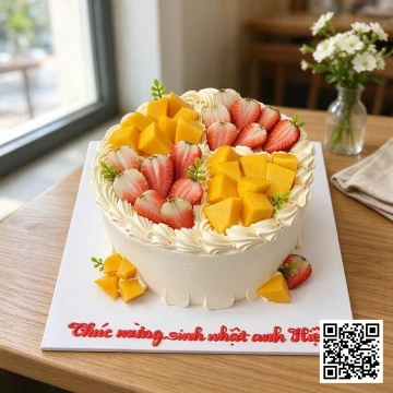 Bánh sinh nhật hình tròn phủ kem whipping trắng, trang trí trái cây tươi như xoài, dâu tây.