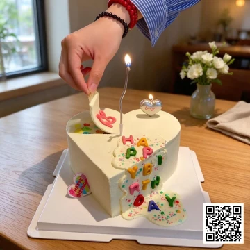 Bánh sinh nhật hình trái tim màu trắng kem, trang trí kem chảy, cốm cầu vồng, chữ nổi Happy Birthday và số 23 bằng socola.