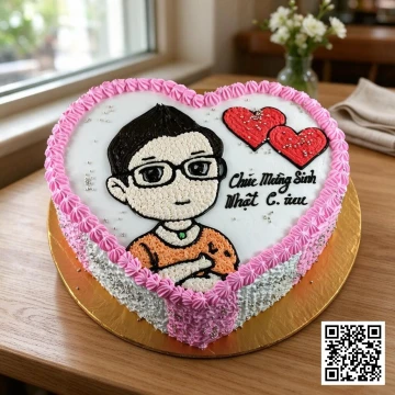 Bánh kem tươi hình trái tim, vẽ chàng trai hoạt hình đeo kính, áo cam, cùng hai trái tim đỏ và viền kem hồng, tặng bạn trai.