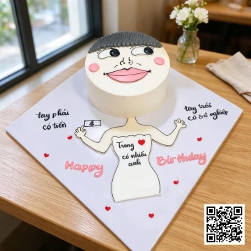 Bánh sinh nhật vẽ cô gái hài hước "Tay phải có tiền tay trái có sự nghiệp" tone hồng trắng