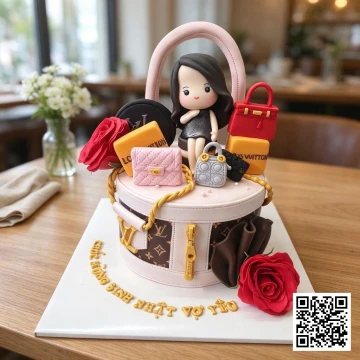 Bánh sinh nhật hình vali thời trang màu trắng, trang trí túi xách LV, Chanel, hoa hồng đỏ và mô hình cô gái.