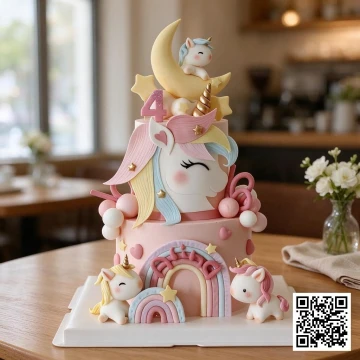 Bánh sinh nhật 2 tầng hình kỳ lân Unicorn với cầu vồng và các chi tiết 3D màu pastel cho bé gái.