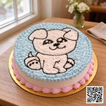 Bánh sinh nhật tròn vẽ kem chó con màu trắng đáng yêu trên nền xanh dương, viền hồng ở chân bánh, phù hợp cho bé trai và bé gái.