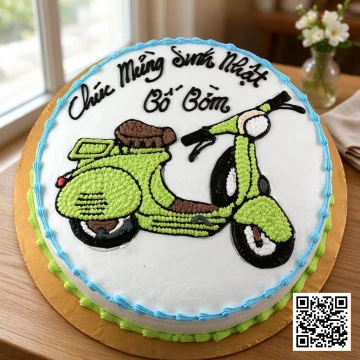 Bánh sinh nhật kem tươi tròn trắng vẽ hình xe Vespa cổ màu xanh lá cây, có chữ 'Chúc Mừng Sinh Nhật Bố Bờm'.