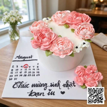 Bánh sinh nhật hình tròn vẽ lịch tháng 8, trang trí hoa kem bơ hồng pastel và chữ 'Chúc mừng sinh nhật bạn iu'