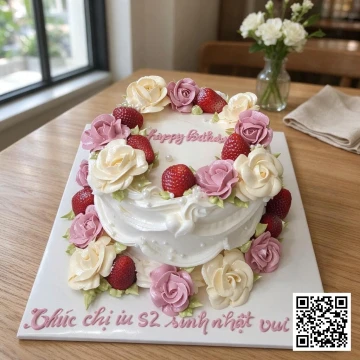 Bánh sinh nhật vintage hình tròn trang trí hoa hồng kem tím pastel, hoa trắng và dâu tây tươi.