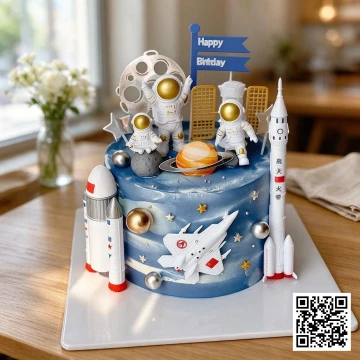 Bánh sinh nhật chủ đề vũ trụ cho bé trai với phi hành gia, máy bay, tên lửa và các hành tinh trên nền xanh galaxy.