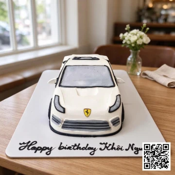 Bánh sinh nhật xe Ferrari 3D màu trắng sang trọng, trang trí tỉ mỉ, có tên 'Happy birthday Khôi Nguyễn'.