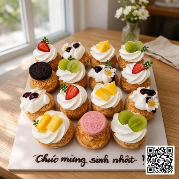 Bánh su kem sinh nhật trang trí dâu tây, nho xanh, xoài và hoa nhỏ.