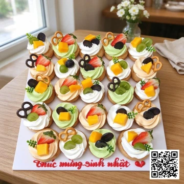 Bánh sinh nhật su kem trang trí hoa quả tươi với dâu, xoài, nho trên nền kem tươi