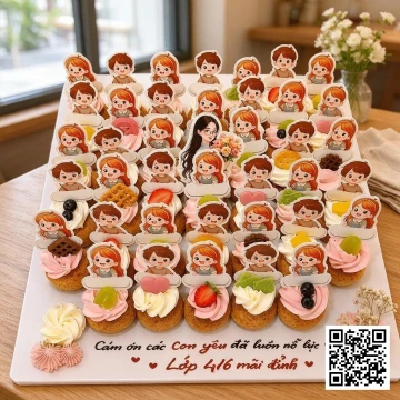 Set bánh su kem mini trang trí topper học sinh, cô giáo, trái cây tươi cho tiệc tổng kết lớp.