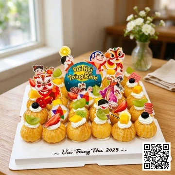 Set bánh su kem Trung Thu xếp tháp, trang trí kem tươi, trái cây và topper lân sư rồng, chú cuội, chị Hằng.