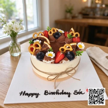 Bánh sinh nhật Tiramisu tròn phủ cacao, trang trí dâu tây, cam sấy và nơ đỏ sang trọng.