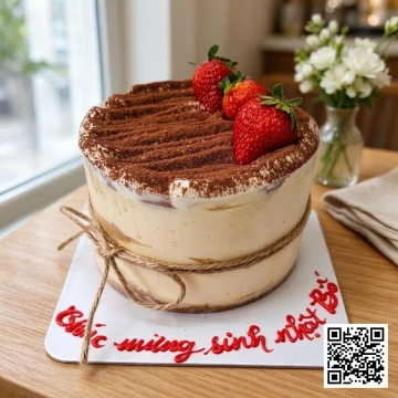 Bánh sinh nhật Tiramisu size 12cm trang trí dâu tây và dây thừng mộc mạc, phủ bột cacao.