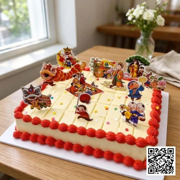 Bánh trung thu hình chữ nhật lớn, cắt sẵn thành từng miếng vuông, trang trí topper giấy Chị Hằng, Chú Cuội, múa lân.