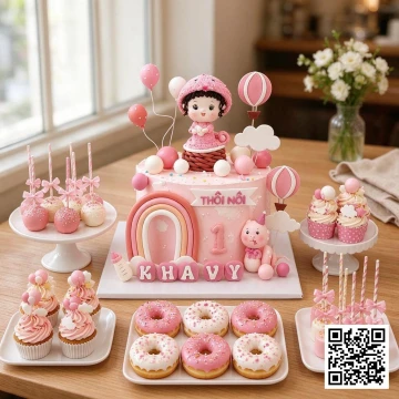 Combo bánh sinh nhật bé gái 1 tuổi tone hồng pastel, có bánh kem hình bé gái 3D, khinh khí cầu, cầu vồng, cupcake, donut, cake pops.