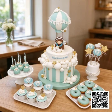 Combo bánh sinh nhật bé trai 1 tuổi chủ đề khinh khí cầu, phi công, bầu trời xanh mint pastel