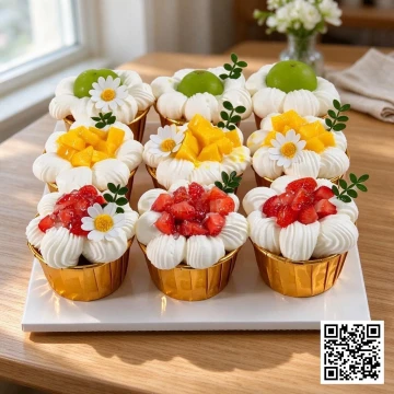 Set 9 cupcake trang trí kem tươi và trái cây tươi như dâu tây, xoài, nho xanh, kiwi, khuôn vàng đồng.