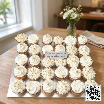 Khay cupcake cỡ lớn trang trí kem tươi màu trắng với nhiều kiểu xoáy và hạt ngọc vàng lấp lánh.