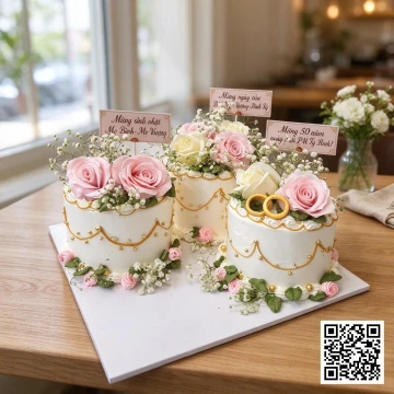 Set 3 bánh sinh nhật hình tròn phủ kem trắng trang trí hoa hồng và nhẫn cưới, viền vàng gold.
