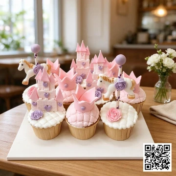 Set 9 bánh cupcake sinh nhật chủ đề ngựa thiên thần và lâu đài công chúa cho bé gái 1 tuổi, màu hồng pastel