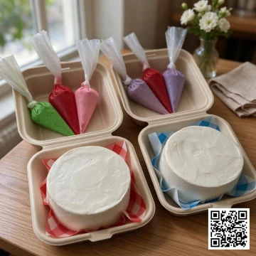 Set bánh Bento DIY với bánh kem trắng và các túi kem màu để bé tự trang trí.