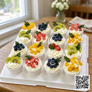 Set bánh cupcake trang trí trái cây nhiệt đới tươi ngon với dâu tây, kiwi, xoài, việt quất trên nền kem whipping.