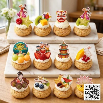 Set 12 bánh su kem nhỏ trang trí chủ đề Trung Thu với trái cây tươi và topper giấy Chị Hằng, Thỏ Ngọc.