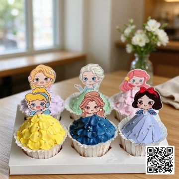 Set 6 cupcake công chúa Disney với kem bắt hoa nhiều màu và topper nhân vật