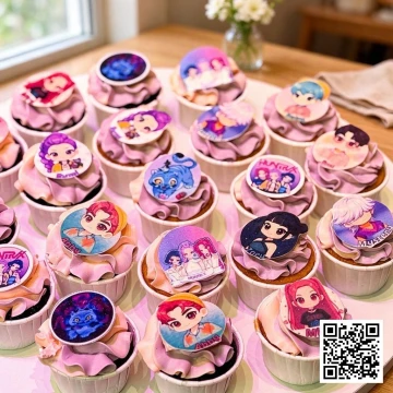 Set cupcake Kpop Hunter màu tím pastel với các nhân vật hoạt hình đáng yêu