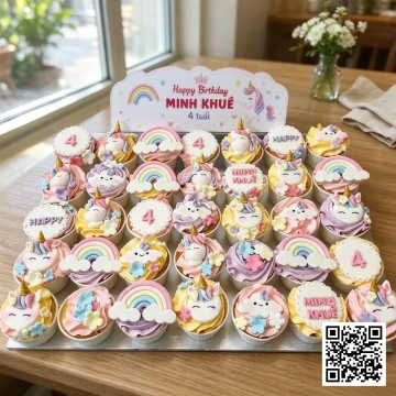 Set bánh cupcake chủ đề Ngựa Pony Unicorn và Cầu Vồng với các hình vẽ ngộ nghĩnh, màu sắc pastel tươi sáng.