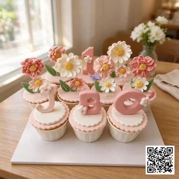 Set cupcake sinh nhật bé gái chủ đề vườn hoa nhỏ, tông hồng pastel, trang trí hoa fondant, tên Bơ và số 1.