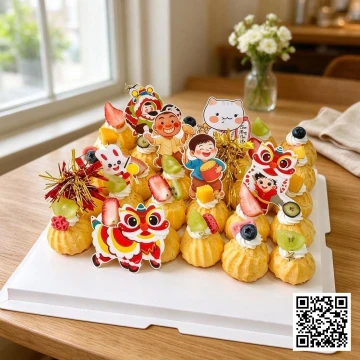 Tháp bánh su kem Trung Thu nhiều tầng, trang trí trái cây tươi và topper múa lân, rước đèn.